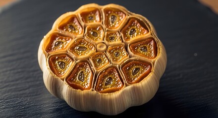 Close-up of a perfectly roasted garlic bulb with golden caramelized cloves on a dark background.