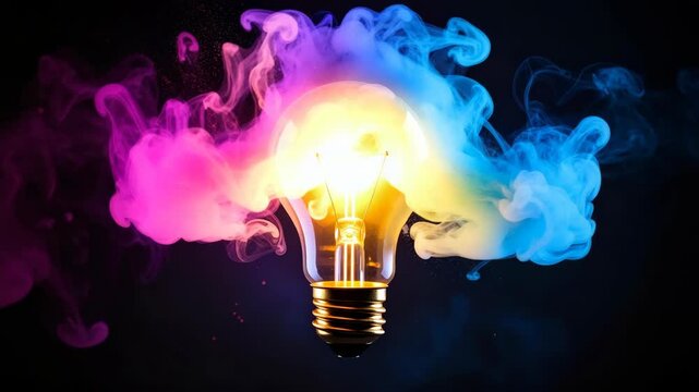 Incandescent light bulb glowing brightly surrounded by colorful swirling smoke against a dark background