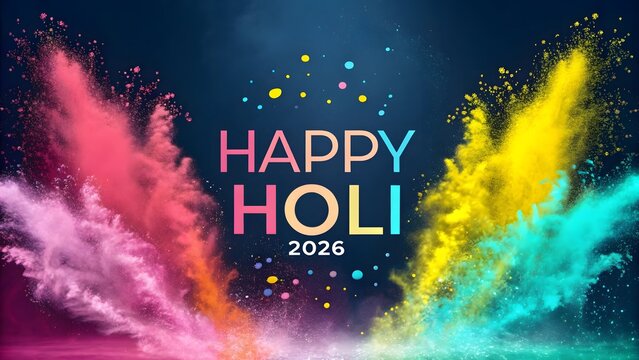 Happy Holi 2026 Festival Celebration with Vibrant Colorful Powder Explosion and Confetti on Dark Background