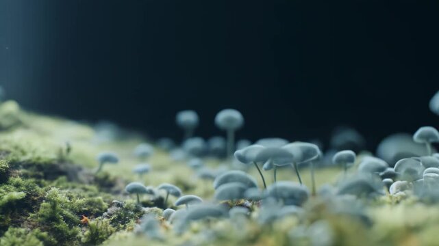 Small translucent mushrooms thriving on a vibrant bed of moss and organic matter, creating an enchanting natural ecosystem in a calm, mystical environment