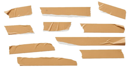 Set of Brown Torn Adhesive Masking Tape Isolated on White Transparent Background, Ripped Paper Tape Sticker Mockup