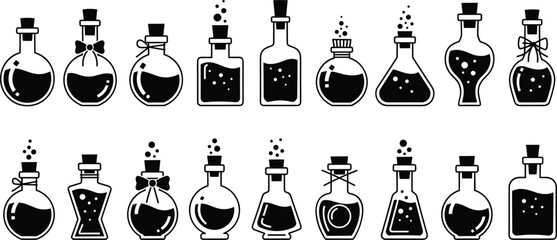 Set of magic potion bottle silhouettes with bubbling liquid, fantasy alchemy glass flasks collection in black and white vector illustration isolated © MSTMUNMUN