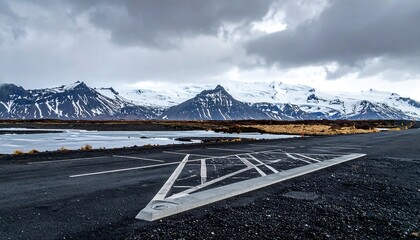 Icelandic landscape asphalt runway with geometric markings leads to snowy mountains under a cloudy sky