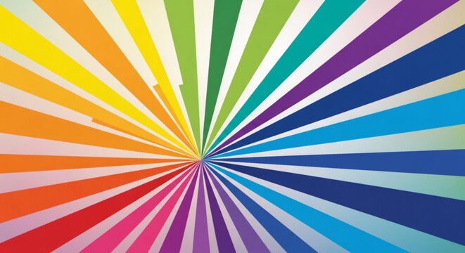 Vibrant rainbow colored sunburst pattern with multicolored rays on white background creating a dynamic and energetic visual effect for design and artistic projects