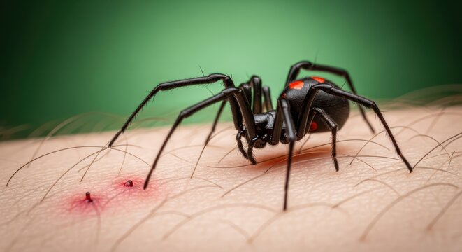 Black widow spider bite on human skin showcasing the venomous arachnid and its impact causing harm
