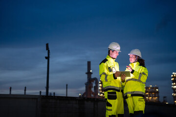 Two industrial engineers in high-visibility safety uniforms working night shift with a digital tablet at a refinery plant, technicians in hardhats and reflective gear collaborating on site
