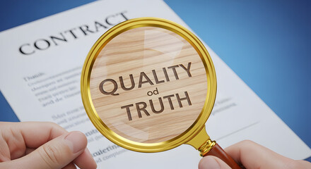 Hand holding magnifying glass over contract with quality of truth concept