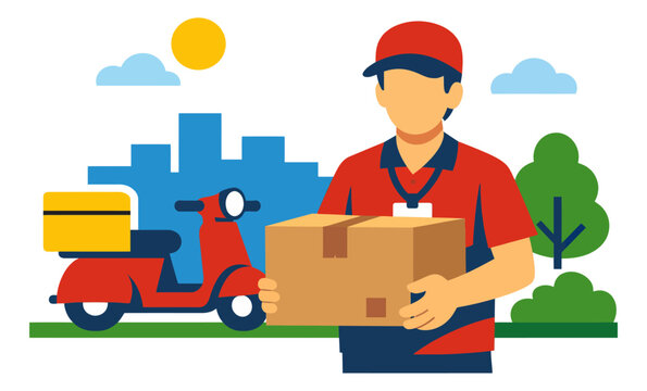 Modern flat graphic illustration of a delivery man depicting parcel delivery with a scooter for urban logistics