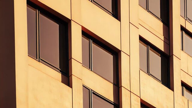 Abstract close up of a contemporary building facade featuring a grid of windows and panels, illuminated by warm, late afternoon sun creating strong geometric patterns
