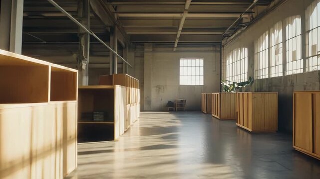 Large industrial loft converted into a contemporary office space, featuring minimalist wooden desks, lush indoor plants, and soft natural light streaming through expansive windows