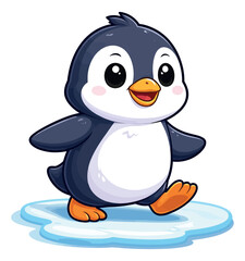 Obraz premium Cute cartoon illustration of a happy penguin walking on a piece of ice for children's designs
