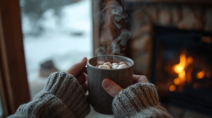 Hot Chocolate Drink in Mug Held by Hands Near Fireplace, Cozy Winter Beverage Lifestyle