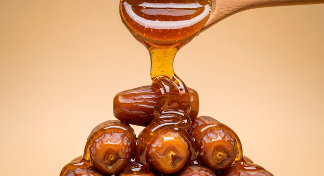 honey dripping from wooden spoon, madu di atas kurma untuk menu buka puasa 