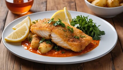 Pan Seared Salmon Fillet with Lemon and Vegetables, Healthy Seafood Meal on Plate