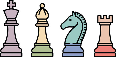 Colorful Chess Pieces Vector Set with King, Queen, Knight, Pawn, and Rook Icons © Creative design