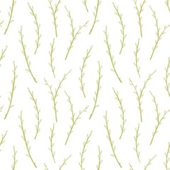 Fototapeta premium Green willow twigs seamless pattern. Vector illustration. Easter celebration blooming plant print. Good for spring season fabric, home textile, festive wrapping paper.