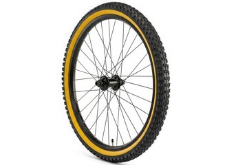 Fototapeta premium Mountain bike wheel with yellow and black tire on white background
