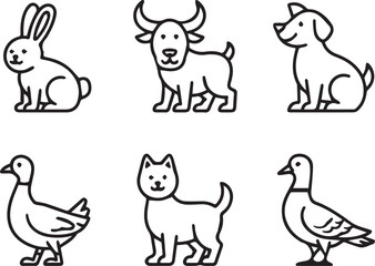 Obraz premium Line art farm animals set isolated on white background, minimal livestock outline collection, thin line rural and agricultural icons, clean monochrome farm design