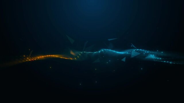 Abstract digital wave of glowing orange and blue particles with geometric polygons on dark background. Concept of big data, artificial intelligence, and futuristic network connection technology.