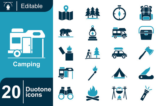 Collection of 20 duotone icons representing various camping elements, including navigation, shelter, and equipment, perfect for outdoor adventure themes