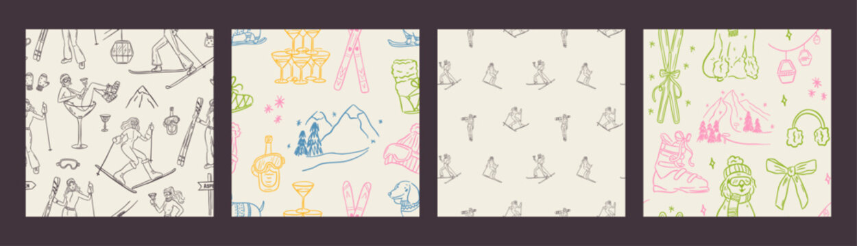 Hand drawn winter ski and apres ski seamless pattern in whimsical doodle style. Includes skiers, snowboard, clothing, equipment, cocktails and holiday elements. Cute line art, vintage background