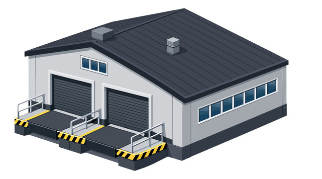 Isometric illustration of a modern warehouse building depicting a logistics center with loading docks for industrial business