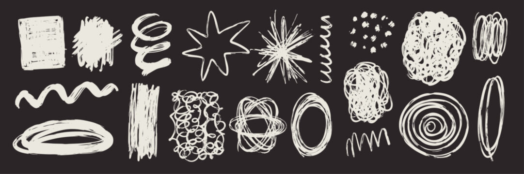 Hand drawn brush strokes and abstract scribbles set. Pencil, ink, marker and paint textures with grunge splashes and rough lines. Art elements for logo, background, overlay, banner and graphic design.