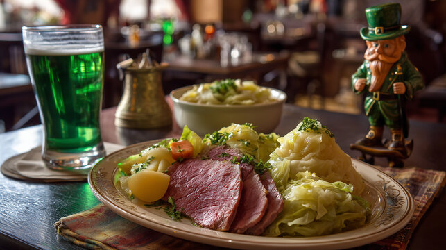 Traditional Irish corned beef and cabbage with green beer for St Patrick&rsquo;s Day