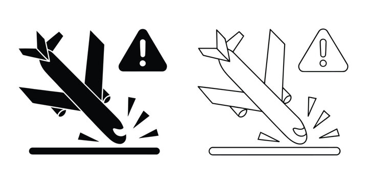 Plane crash icon illustration. Fragile object symbol featuring an airplane breaking apart a warning silhouette. Crashed airplane icons with warning signs in black and white.