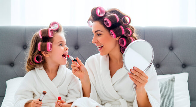 Mother and daughter applying lipstick together while sitting on a bed with hair rollers