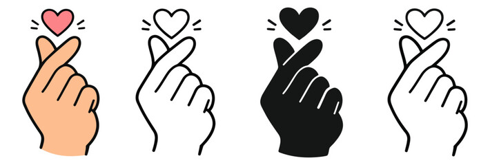 Fototapeta premium Hand drawn Korean finger heart gesture set featuring colorful, outline, and silhouette styles for expressing love and affection