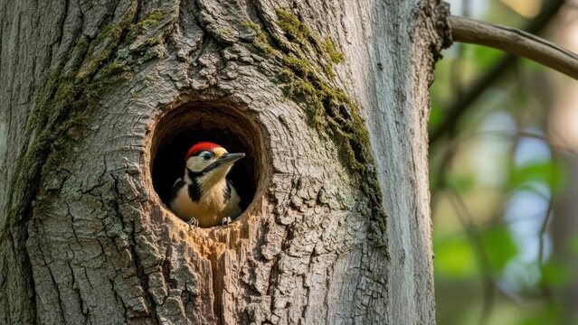 Focused shot of a woodpecker inside its cavity, nestled within the textured trunk of a towering tree