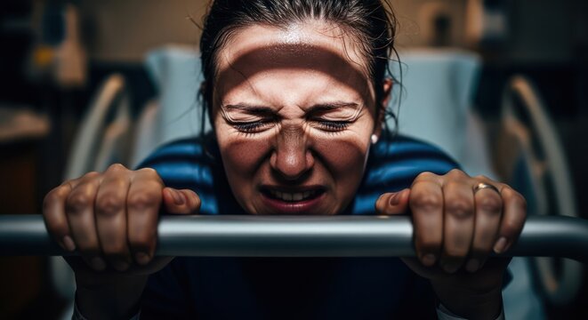 Intense determination woman grips bar showcasing strength during challenging childbirth