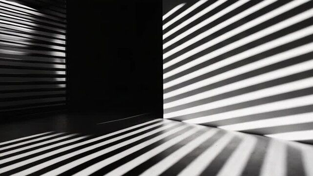 Striking light entering an indoor space through blinds, casting strong horizontal and angled parallel shadow stripes on the walls and floor, forming abstract geometric patterns in monochrome