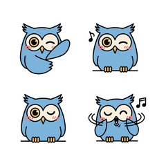 Obraz premium Cartoon blue owls expressing different emotions and actions with cute facial expressions