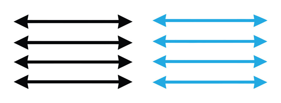 Double sided arrows in black and blue. Dual sided long arrow set. Horizontal long straight arrows collection. Double side long arrow symbol. Two sided long arrow . 