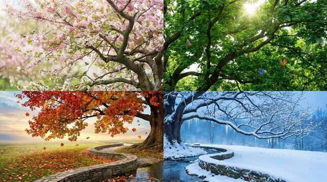 A majestic tree displays the distinct beauty of each of the four seasons, transitioning from spring blossoms to autumn leaves and winter snow