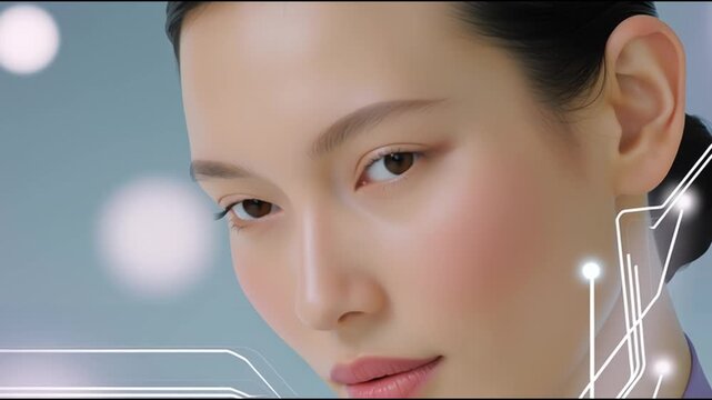 Asian woman with sleek black hair in a purple outfit gazes thoughtfully as digital circuit patterns illuminate her face against a soft blue background