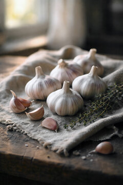 Rustic still life with fresh garlic bulbs, cloves and aromatic thyme on linen cloth over an old wooden table in soft natural window light
