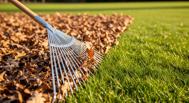 Rake collecting brown autumn leaves on green lawn. Garden cleanup for Spring cleaning. Seasonal yard work and gardening concept.