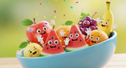 Obraz premium Joyful gathering of animated fruits in a blue bowl under a cheerful confetti shower celebration