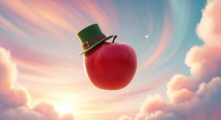 An apple with a green hat floating in the sky, a whimsical and surreal illustration