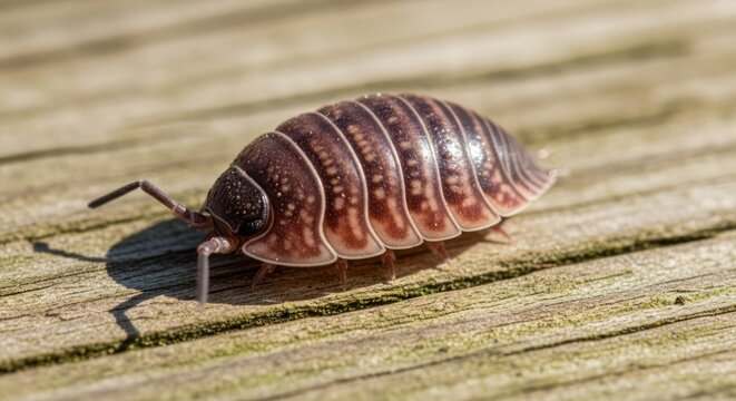 Detailed portrait of a pill bug crawling on weathered wood planks in bright daylight