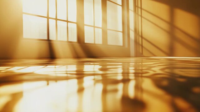 Golden sunlight entering a bright room through a large window, casting long shadows and reflecting on the rippling water covering the floor, creating a serene and evocative atmosphere