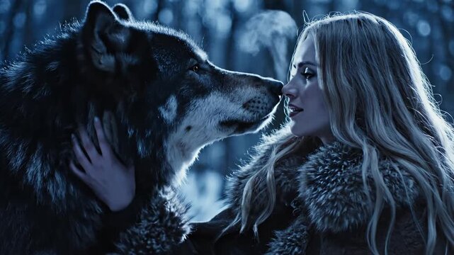 Blonde woman and wolf share intense gaze in cold forest