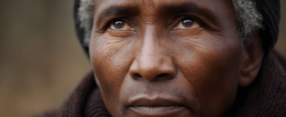 Fototapeta premium A weathered person shows grit amid shifting weather and natural surroundings challenges.