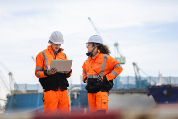Port industry engineers in safety uniforms using a laptop to manage logistics and vessel operations at a commercial shipping terminal