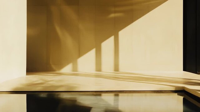Minimalist architecture featuring a reflective water surface and warm golden light creating abstract shadows, embodying tranquility, luxury, and modern design principles