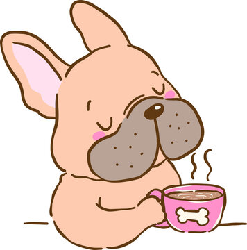 French Bulldog Enjoying Coffee From Home Cartoon Hand Drawn