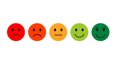 Colorful customer satisfaction feedback scale featuring emoji faces depicting a smooth transition from very unhappy to extremely happy, ideal for surveys and user experience ratings